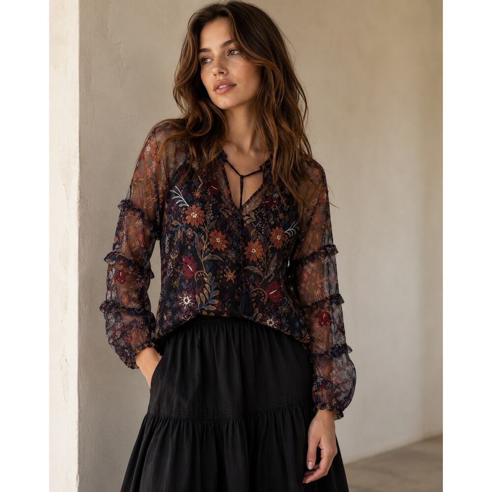 Johnny Was Monika MeshEmbroidered Boho BlouseTunic Top SzS  NWT FloralSheer $275